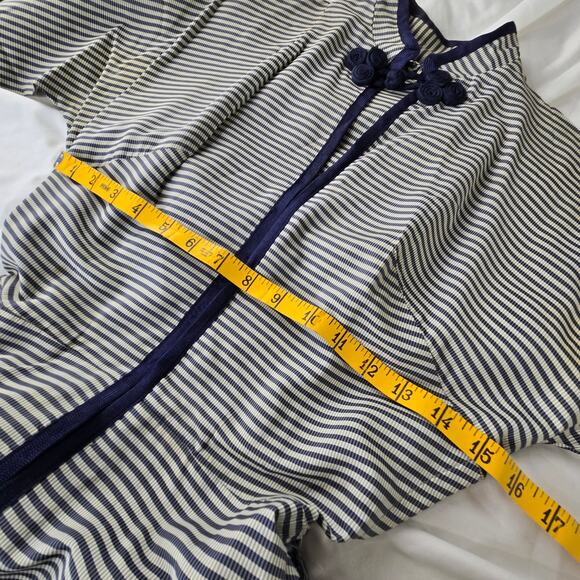 Vintage handmade striped dress 50s 60s XXS petite high neck blue cream ivory - Picture 8 of 15